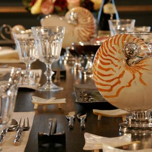 Dining table with nautilus sheell and glass